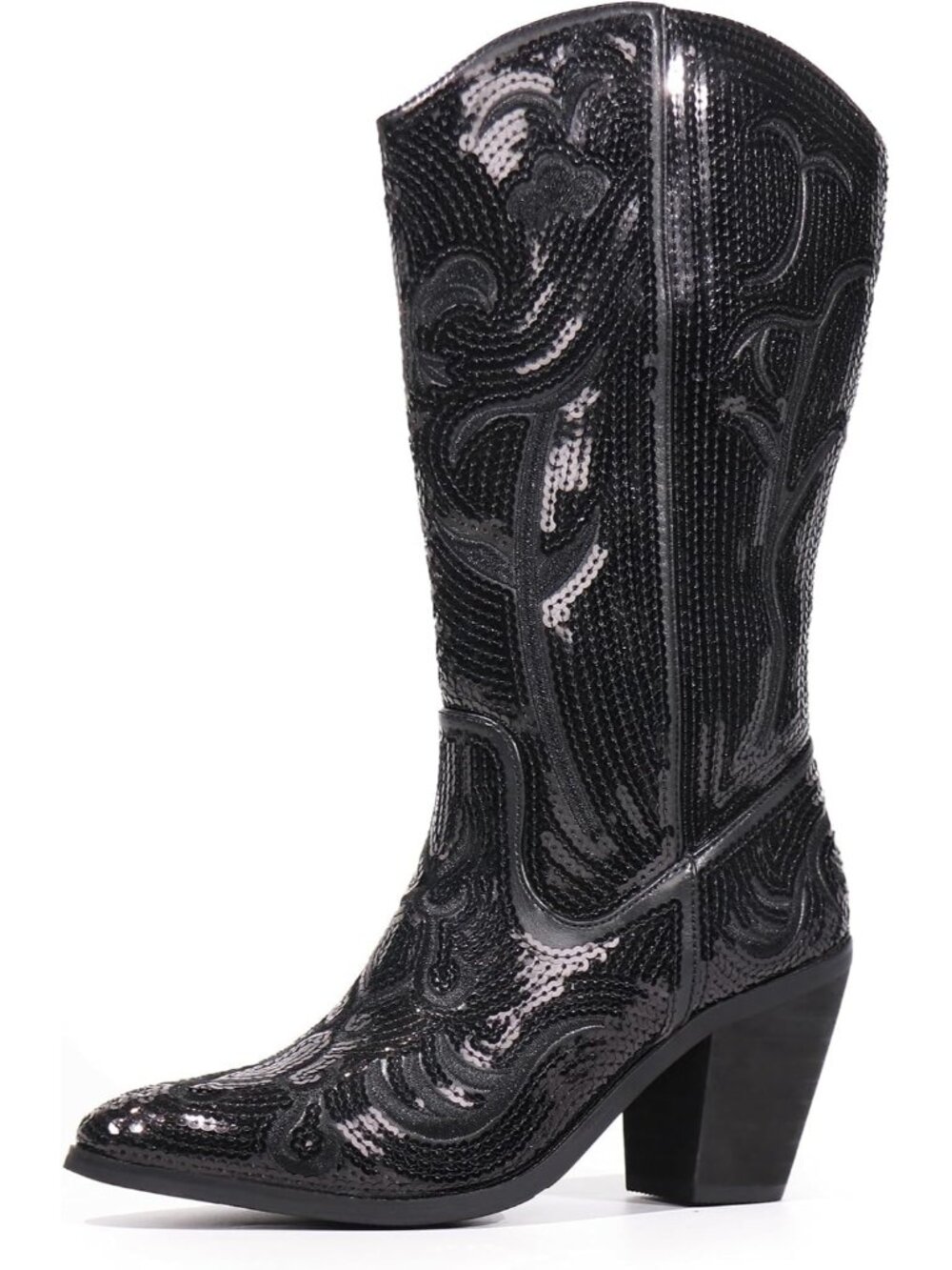 Women’s Black Sequin Cowboy Boots Mid Calf Wide Calf Pointed Toe Western